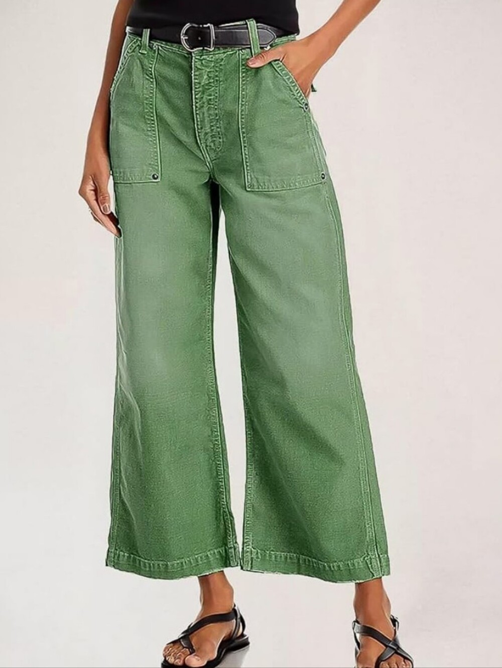 Flamingals Mid Waist Wide Leg Green Pants Raw Hem NWT Small